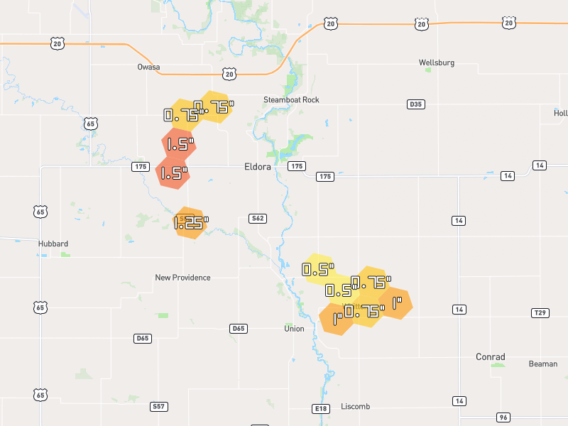 Hail map of Eldora, IA on Jul 2, 2026, hail up to 1.5"