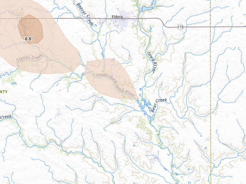 Radar-estimated hail-size map of the storm over Eldora, IA on Jul 20, 2026