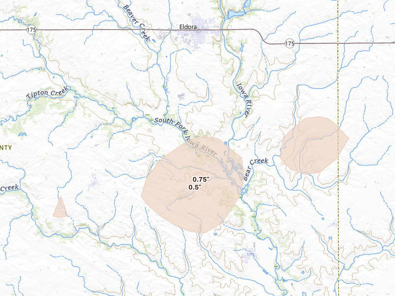 Radar-estimated hail-size map of the storm over Eldora, IA on Aug 4, 2026