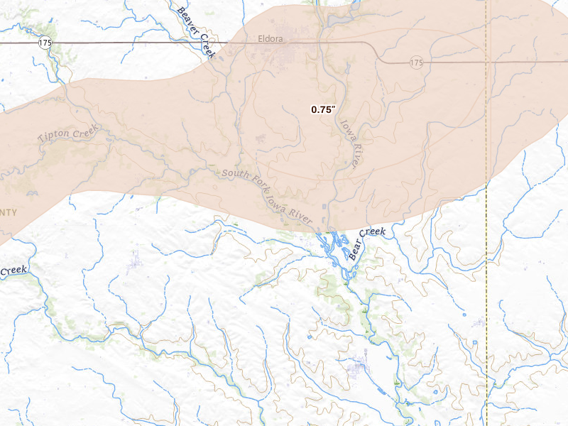 Radar-estimated hail-size map of the storm over Eldora, IA on Aug 12, 2026