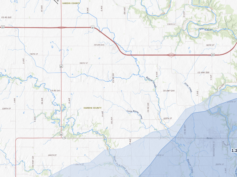 NEXRAD radar-signature map of the hail storm over Eldora, IA on Aug 12, 2026