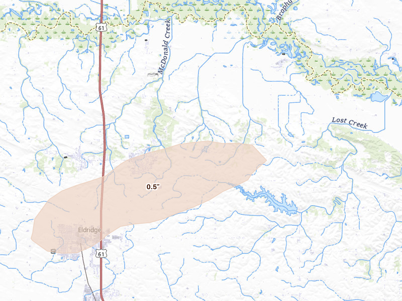 Radar-estimated hail-size map of the storm over Eldridge, IA on Mar 10, 2026