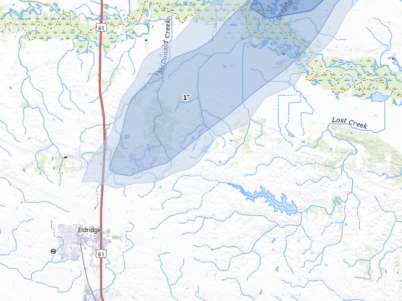 NEXRAD radar-signature map of the hail storm over Eldridge, IA on Apr 2, 2026