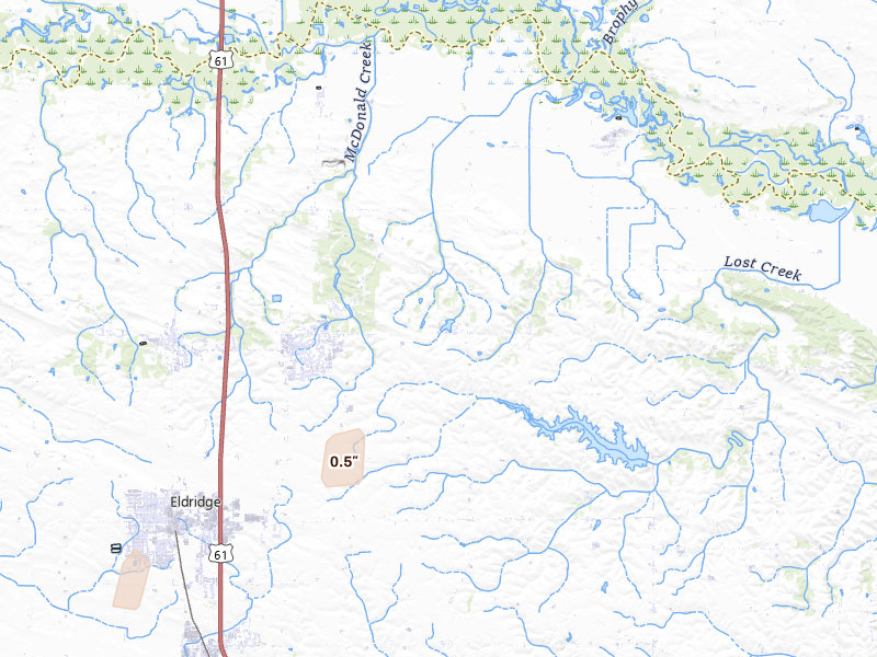 Radar-estimated hail-size map of the storm over Eldridge, IA on Jun 11, 2026