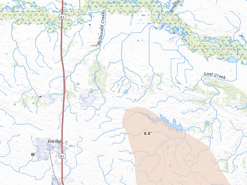 Radar-estimated hail-size map of the storm over Eldridge, IA on Aug 21, 2026