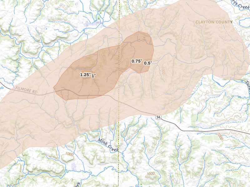 Radar-estimated hail-size map of the storm over Elgin, IA on Apr 14, 2026