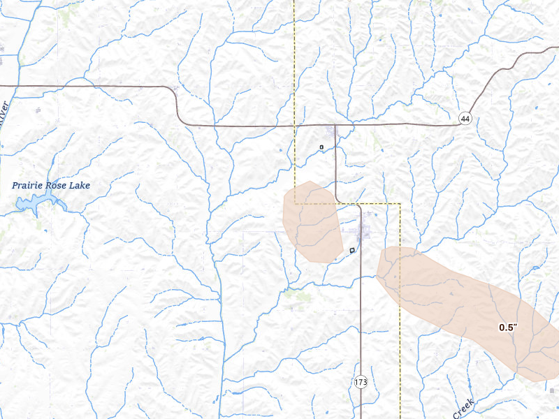 Radar-estimated hail-size map of the storm over Elk Horn, IA on Aug 8, 2026