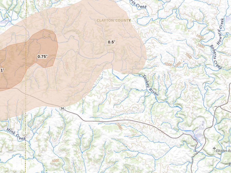 Radar-estimated hail-size map of the storm over Elkader, IA