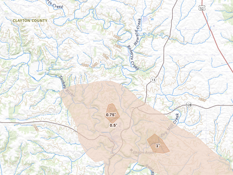 Radar-estimated hail-size map of the storm over Elkader, IA on Aug 18, 2026
