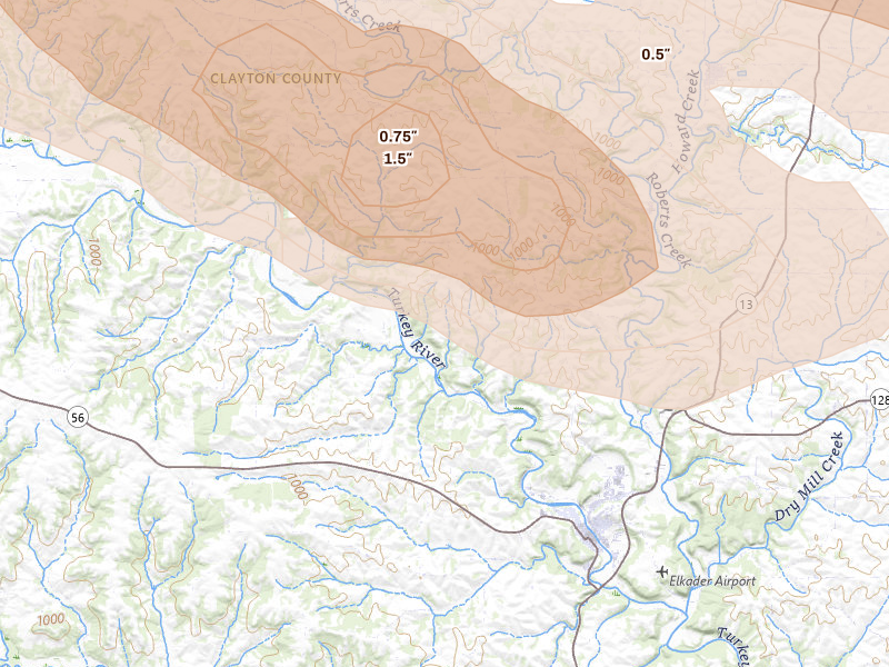 Radar-estimated hail-size map of the storm over Elkader, IA