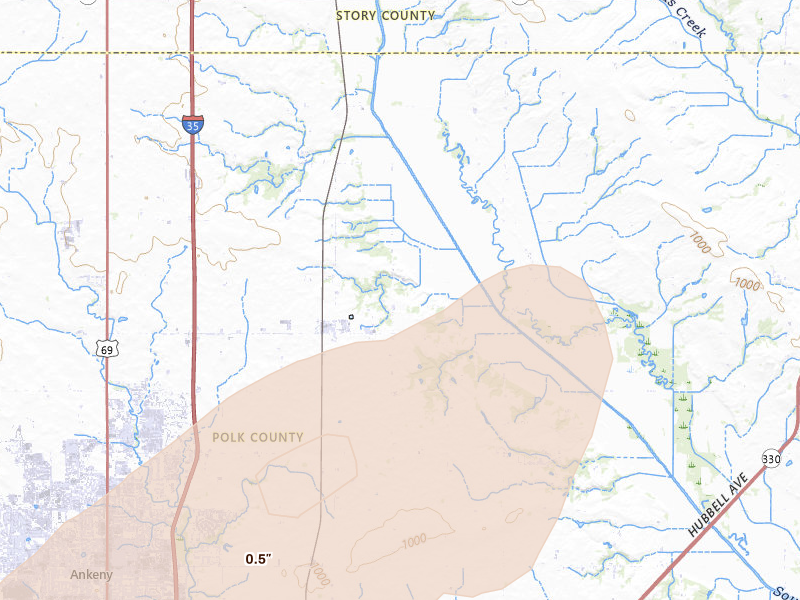 Radar-estimated hail-size map of the storm over Elkhart, IA on May 18, 2026