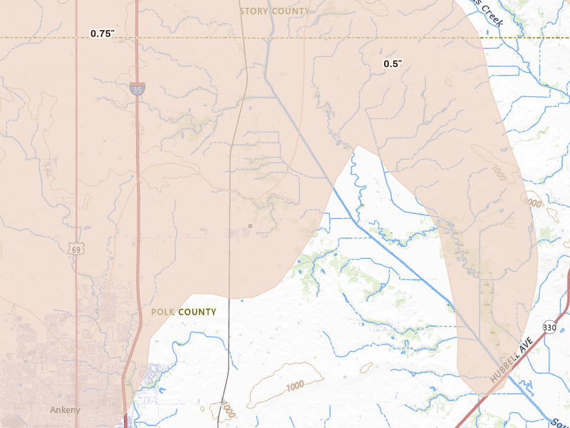 Radar-estimated hail-size map of the storm over Elkhart, IA on Jun 11, 2026