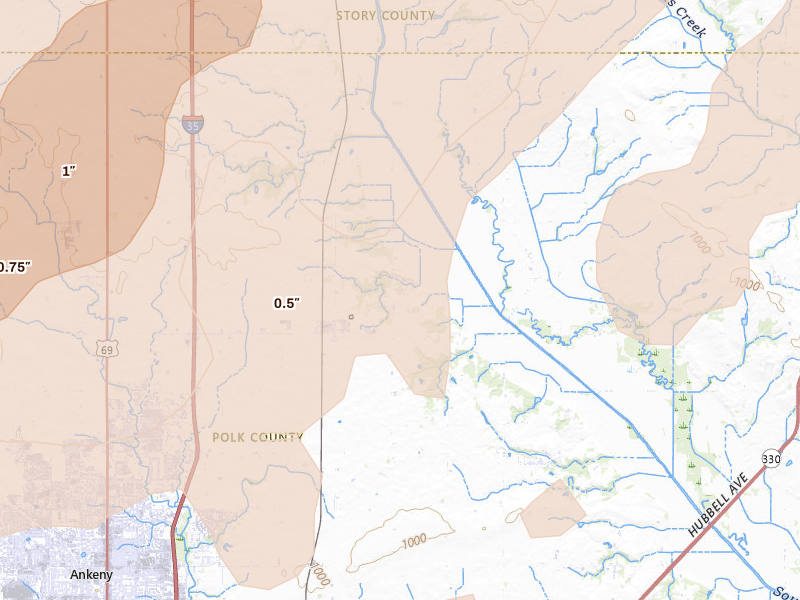 Radar-estimated hail-size map of the storm over Elkhart, IA on Jul 2, 2026