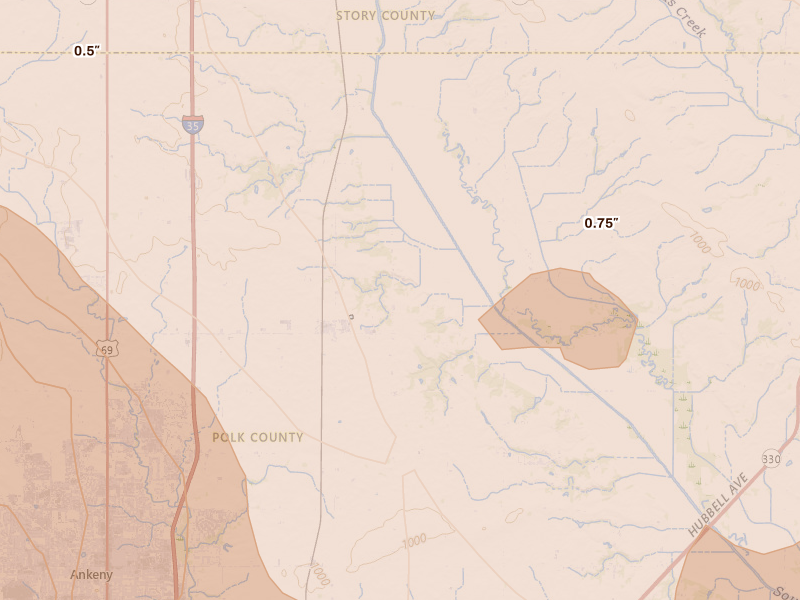 Radar-estimated hail-size map of the storm over Elkhart, IA on Jul 20, 2026