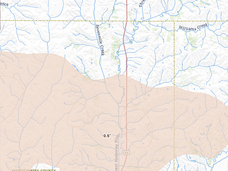 Radar-estimated hail-size map of the storm over Elliott, IA on May 15, 2026