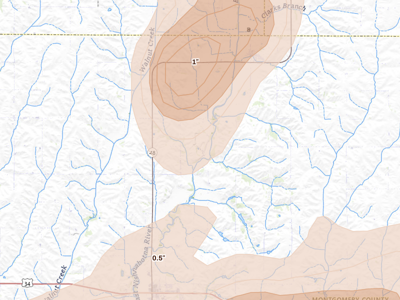 Radar-estimated hail-size map of the storm over Elliott, IA on May 16, 2026
