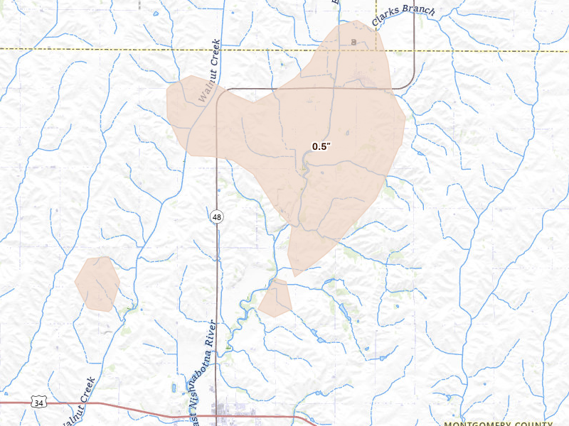 Radar-estimated hail-size map of the storm over Elliott, IA on May 17, 2026