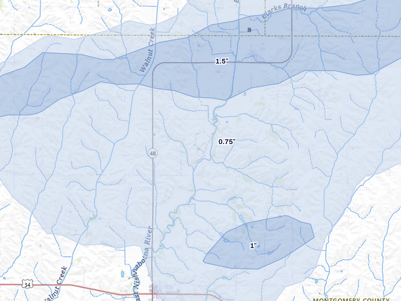 NEXRAD radar-signature map of the hail storm over Elliott, IA on May 17, 2026