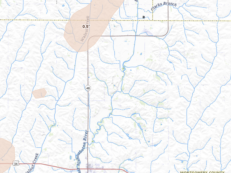 Radar-estimated hail-size map of the storm over Elliott, IA on May 18, 2026