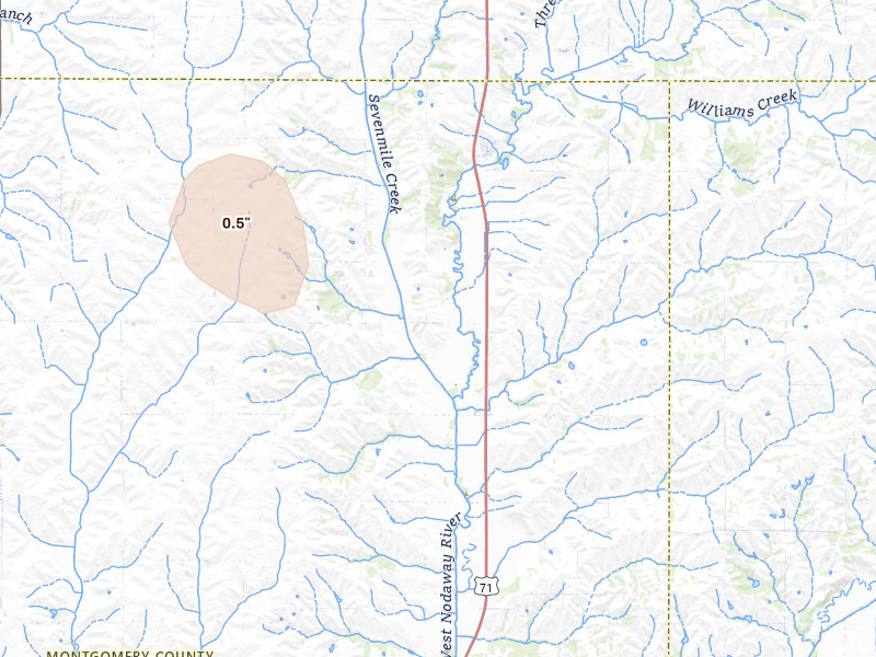 Radar-estimated hail-size map of the storm over Elliott, IA on May 31, 2026