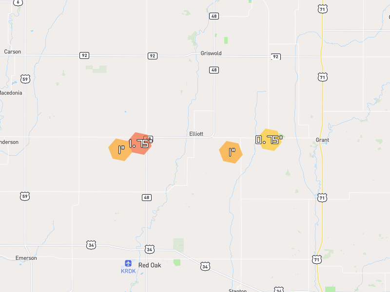 Hail map of Elliott, IA on Jun 1, 2026, hail up to 1.75"