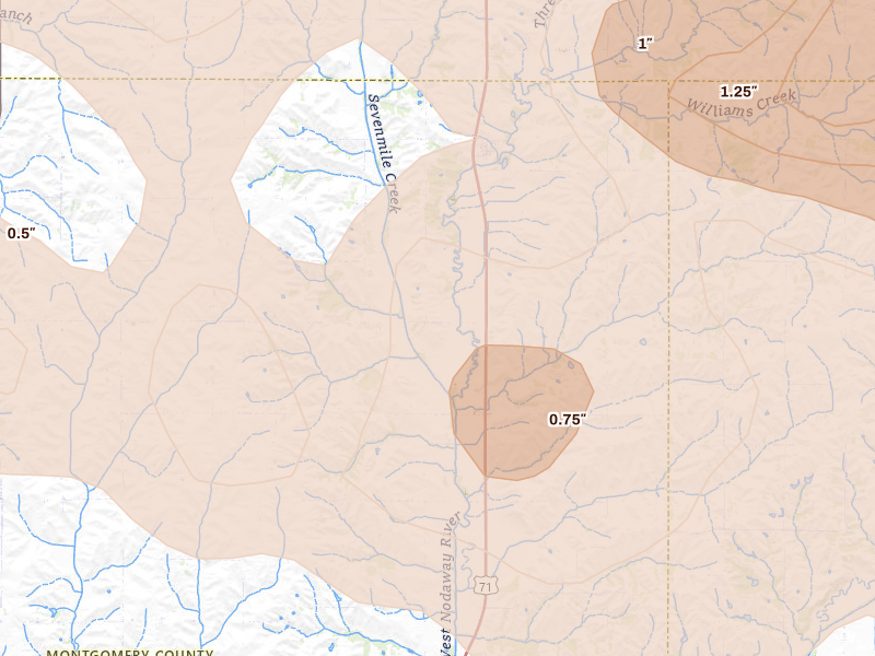 Radar-estimated hail-size map of the storm over Elliott, IA on Jun 5, 2026