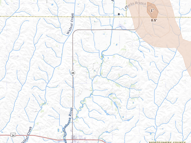 Radar-estimated hail-size map of the storm over Elliott, IA on Jun 6, 2026