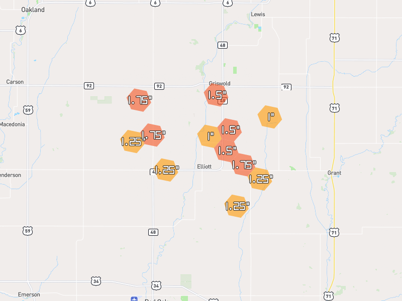 Hail map of Elliott, IA on Jun 6, 2026, hail up to 1.75"