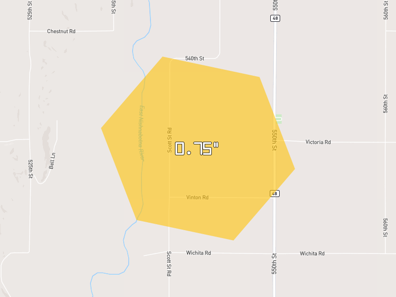Hail map of Elliott, IA on Jun 7, 2026, hail up to 0.75"