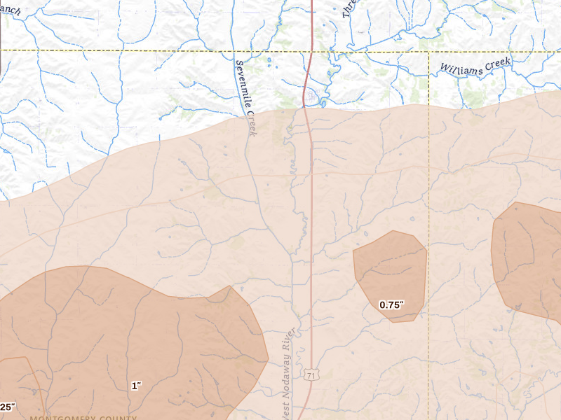 Radar-estimated hail-size map of the storm over Elliott, IA on Jun 10, 2026