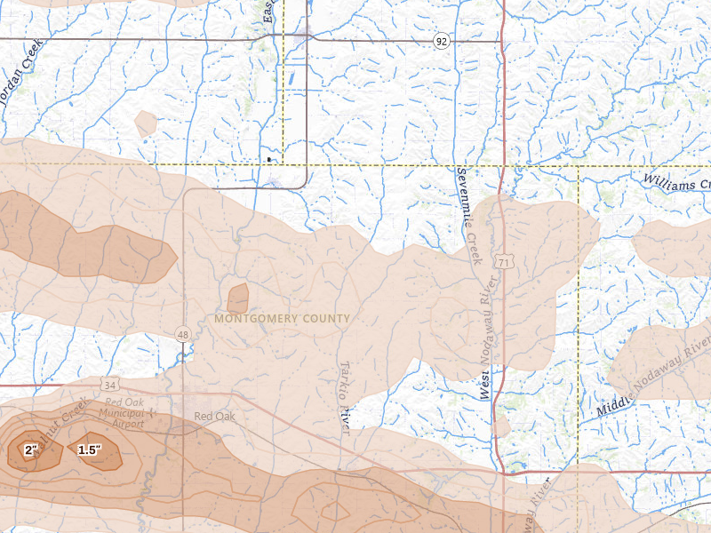 Radar-estimated hail-size map of the storm over Elliott, IA on Aug 4, 2026