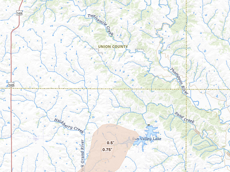 Radar-estimated hail-size map of the storm over Ellston, IA on Apr 3, 2026