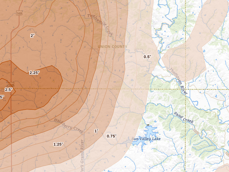 Radar-estimated hail-size map of the storm over Ellston, IA on Jun 10, 2026