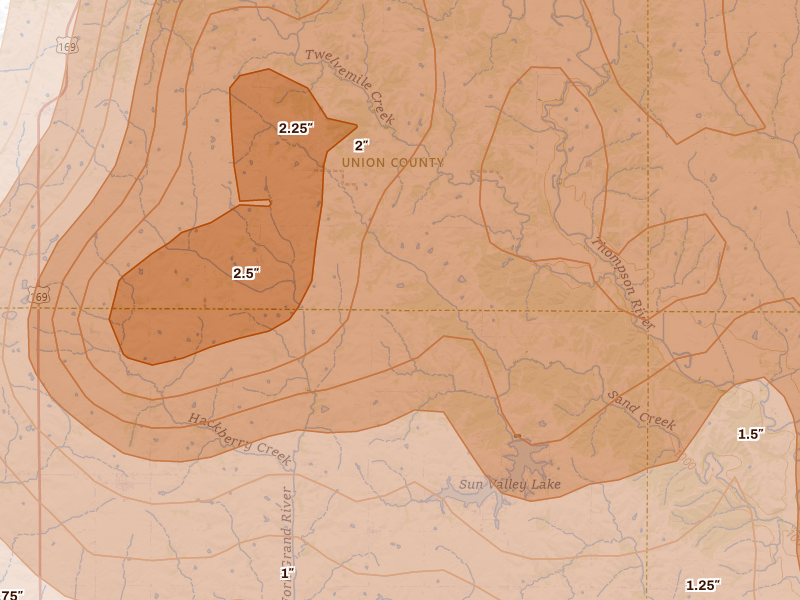 Radar-estimated hail-size map of the storm over Ellston, IA on Jun 11, 2026
