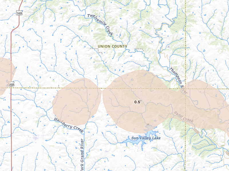 Radar-estimated hail-size map of the storm over Ellston, IA on Aug 4, 2026