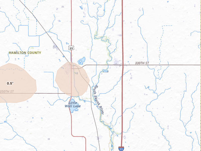 Radar-estimated hail-size map of the storm over Ellsworth, IA on May 15, 2026