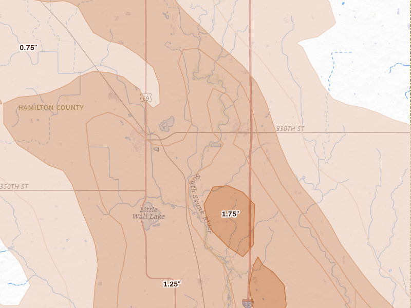 Radar-estimated hail-size map of the storm over Ellsworth, IA on Jul 20, 2026
