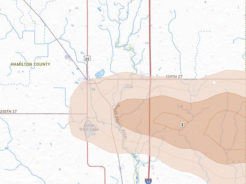Radar-estimated hail-size map of the storm over Ellsworth, IA on Aug 11, 2026