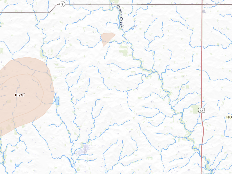 Radar-estimated hail-size map of the storm over Elma, IA on Apr 17, 2026