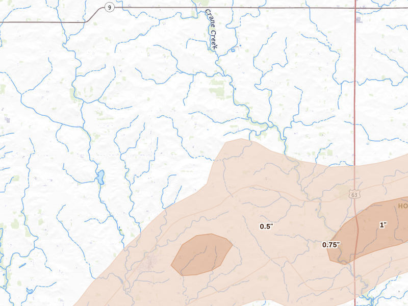 Radar-estimated hail-size map of the storm over Elma, IA on Apr 27, 2026