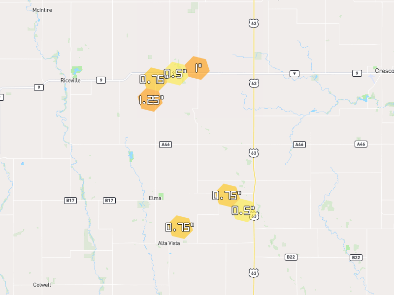 Hail map of Elma, IA on Jul 1, 2026, hail up to 1.25"