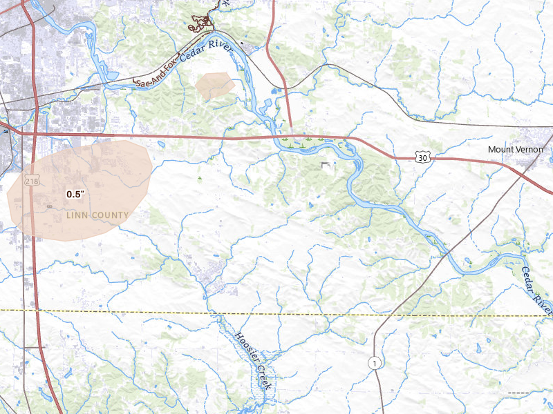 Radar-estimated hail-size map of the storm over Ely, IA on Mar 10, 2026