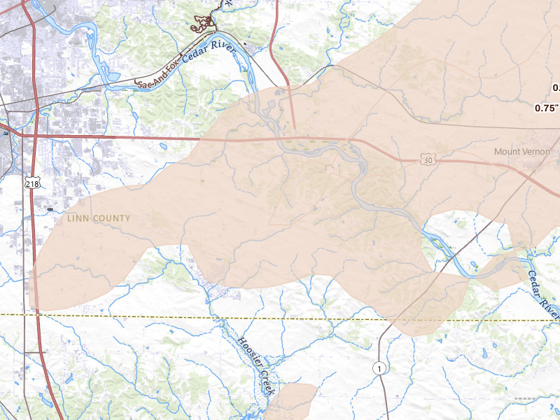 Radar-estimated hail-size map of the storm over Ely, IA on Apr 17, 2026