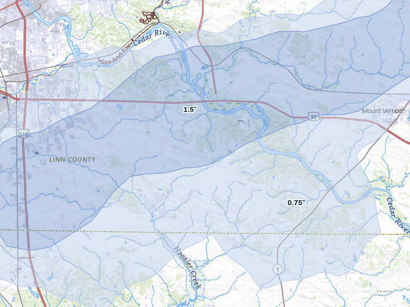 NEXRAD radar-signature map of the hail storm over Ely, IA on Apr 17, 2026