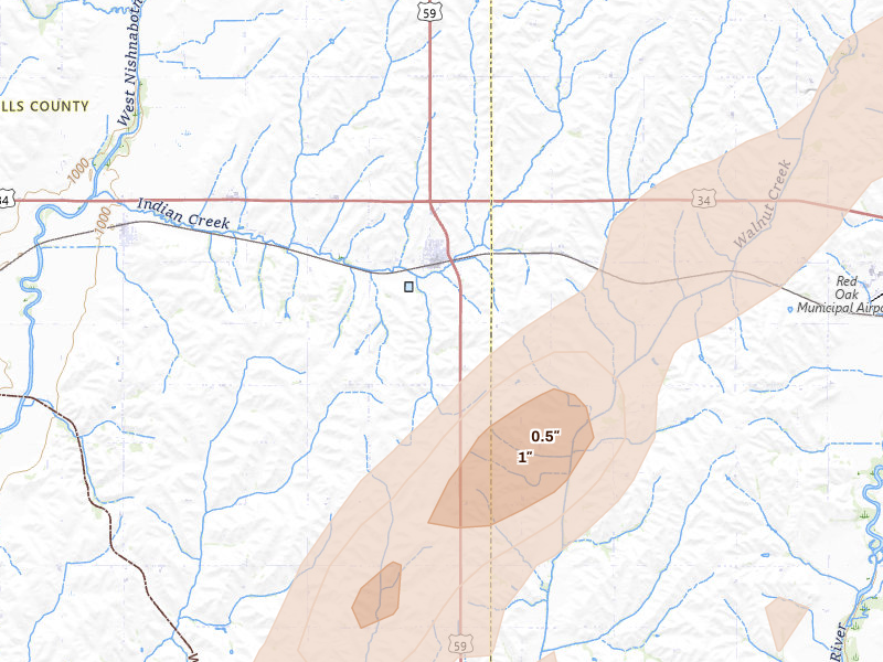 Radar-estimated hail-size map of the storm over Emerson, IA on Mar 6, 2026