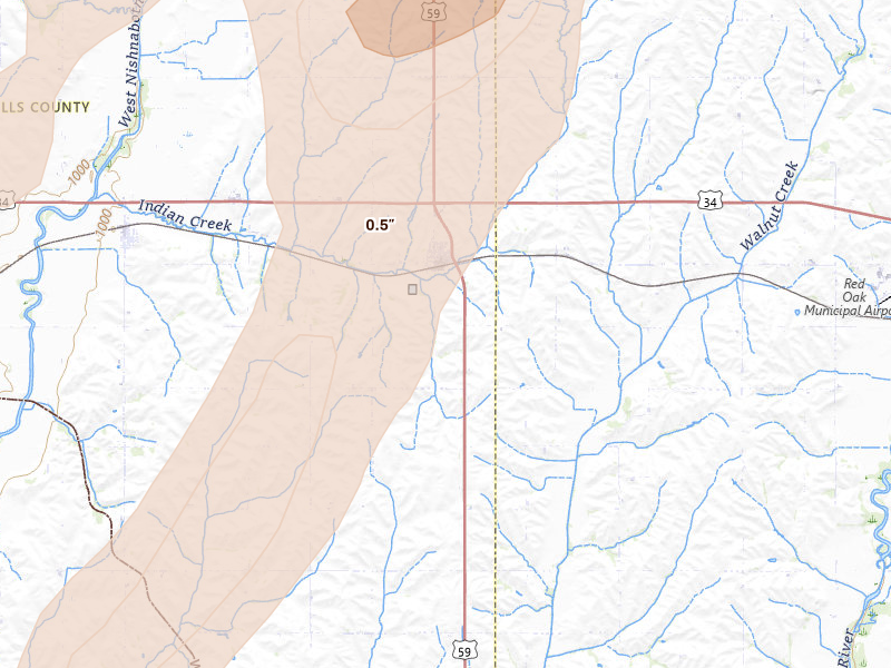 Radar-estimated hail-size map of the storm over Emerson, IA on Apr 23, 2026