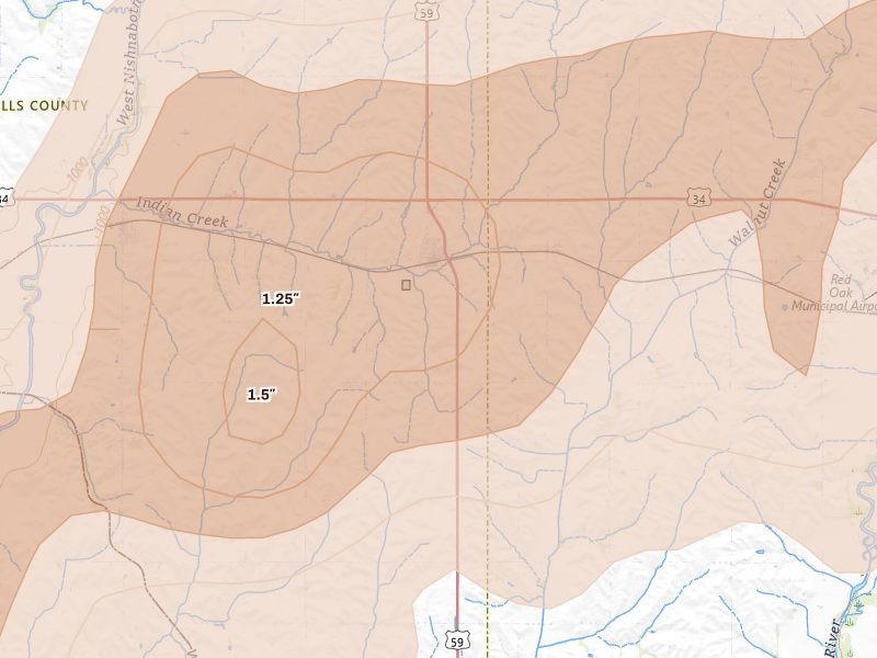 Radar-estimated hail-size map of the storm over Emerson, IA on May 15, 2026
