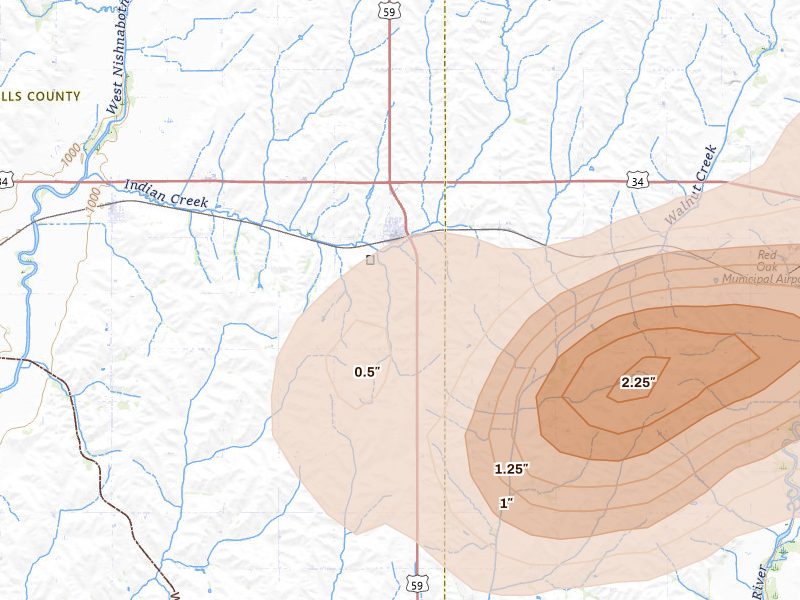 Radar-estimated hail-size map of the storm over Emerson, IA on May 16, 2026