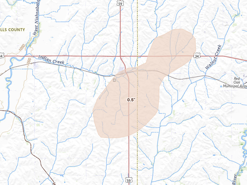 Radar-estimated hail-size map of the storm over Emerson, IA on May 18, 2026