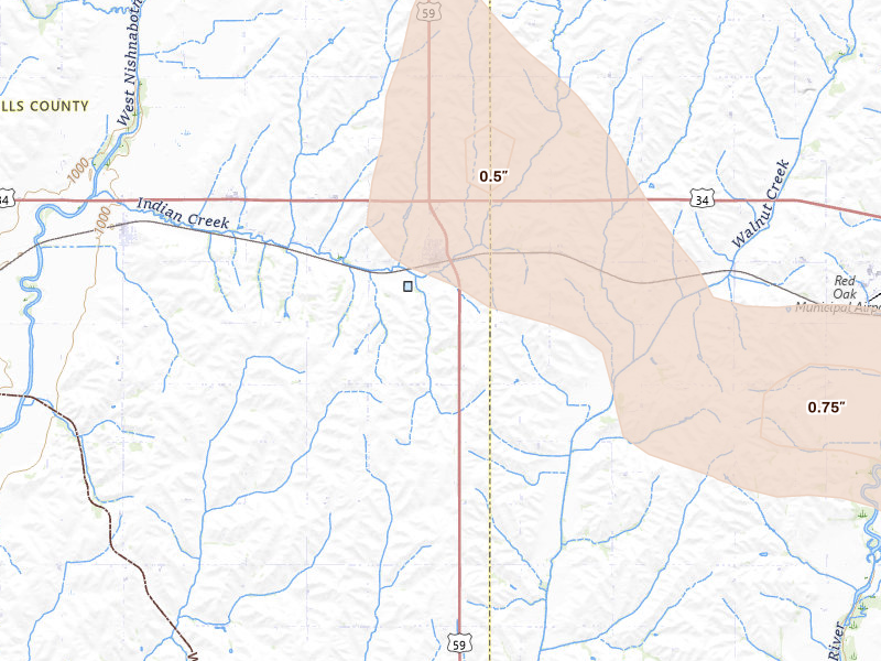 Radar-estimated hail-size map of the storm over Emerson, IA on May 31, 2026